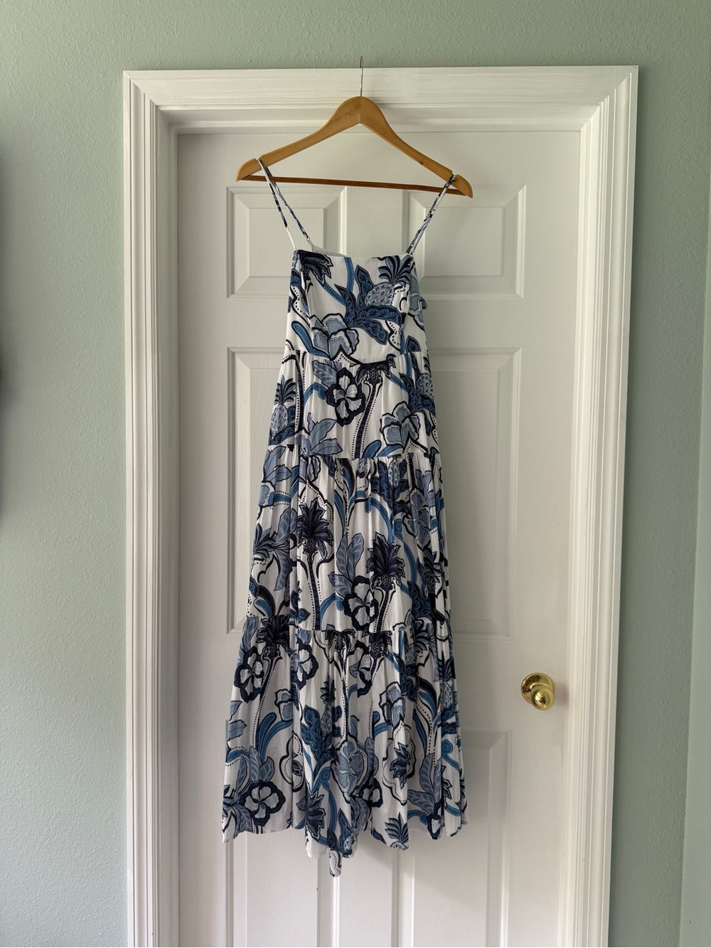 Tori Richard White Maxi Dress with Blue Floral Print